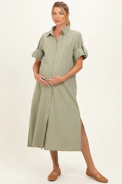 PinkBlush Sage Side Slit Button Down Maternity Midi Dress