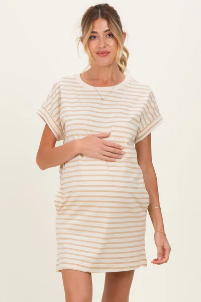 PinkBlush Taupe Striped Maternity T-Shirt Mini Dress