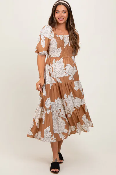 PinkBlush Mocha Floral Smocked Front Tie Cutout Maternity Maxi Dress