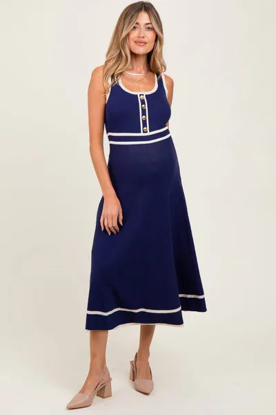 PinkBlush Navy Ribbed Knit Button Accent Sleeveless Maternity Midi Dress