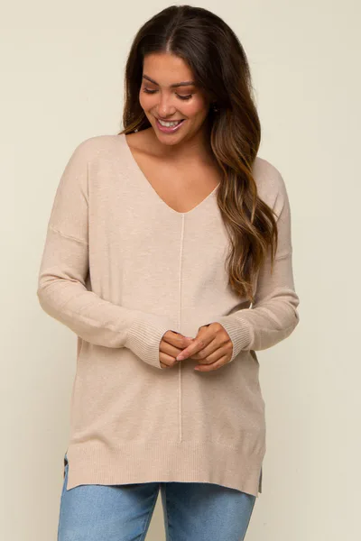 PinkBlush Beige Long Sleeve Side Slit Maternity Sweater