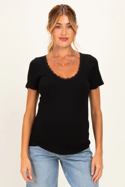 PinkBlush Black Lace Trim Ribbed Maternity Top