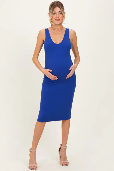 PinkBlush Royal Blue Ribbed Knit V-Neck Maternity Tank Dress