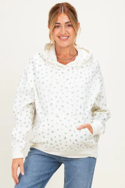 PinkBlush Blue Floral French Terry Maternity Hoodie