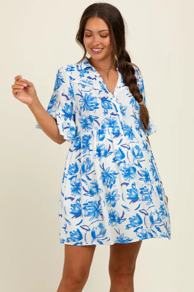 PinkBlush Blue Floral V-Neck Crochet Trim Maternity Dress