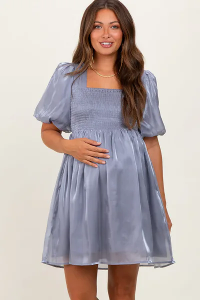 PinkBlush Silver Organza Smocked Puff Sleeve Maternity Mini Dress