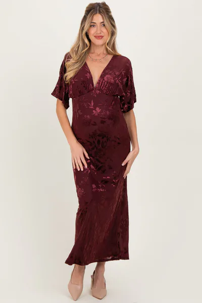 PinkBlush Burgundy Floral Velvet V-Neck Short Sleeve Maternity Maxi Dress