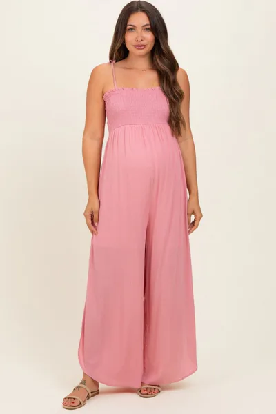PinkBlush Mauve Smocked Wide Leg Adjustable Strap Maternity Jumpsuit