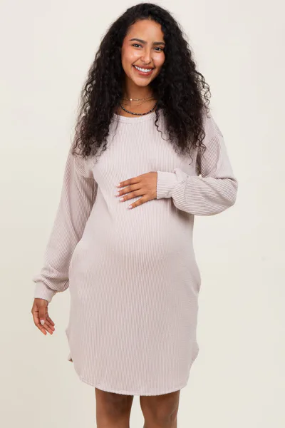 PinkBlush Beige Rib Knit Long Sleeve Maternity Dress