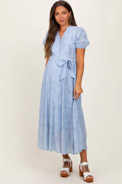 PinkBlush Light Blue Split Neckline Tiered Maternity Midi Dress