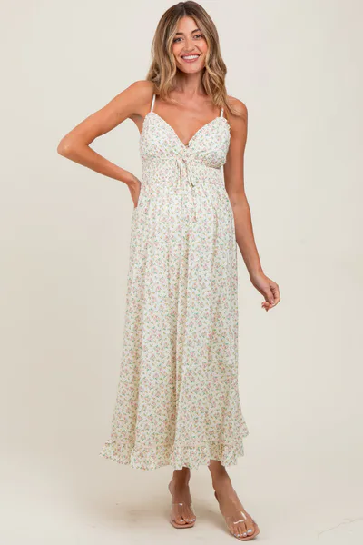 PinkBlush Pink Floral Smocked Waist Ruffle Accent Maternity Midi Dress