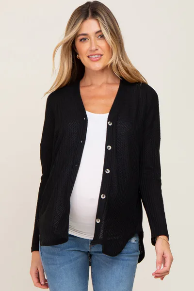 PinkBlush Black Waffle Knit Button Down Maternity Top