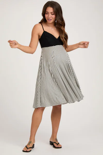 PinkBlush Black Striped Lace V-Neck Maternity Dress