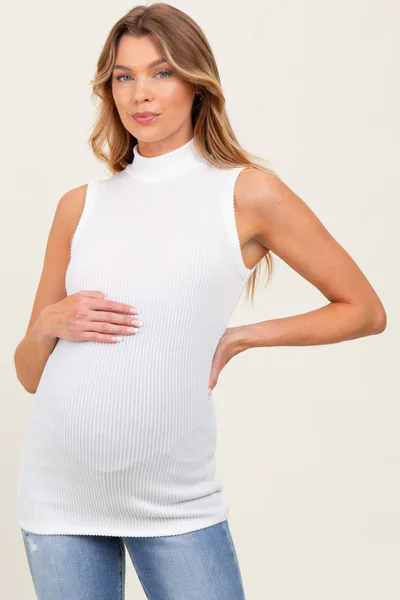 PinkBlush Ivory Striped Ribbed Mock Neck Sleeveless Maternity Top