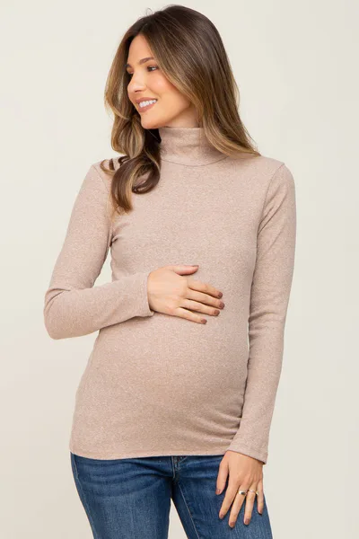 PinkBlush Mocha Heathered Ribbed Mock Neck Long Sleeve Maternity Top