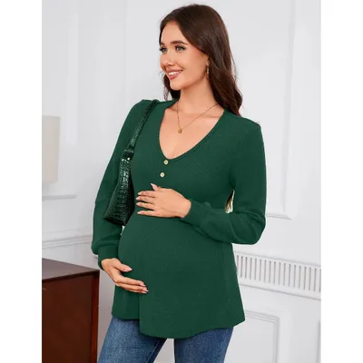 Target Maternity V-Neck Ribbed Top Casual Long Sleeve Pregnancy Blouse Decorative Button Front Shirt Dark Green XL