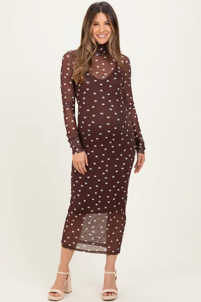 PinkBlush Mocha Polka Dot Mesh Overlay Maternity Midi Dress