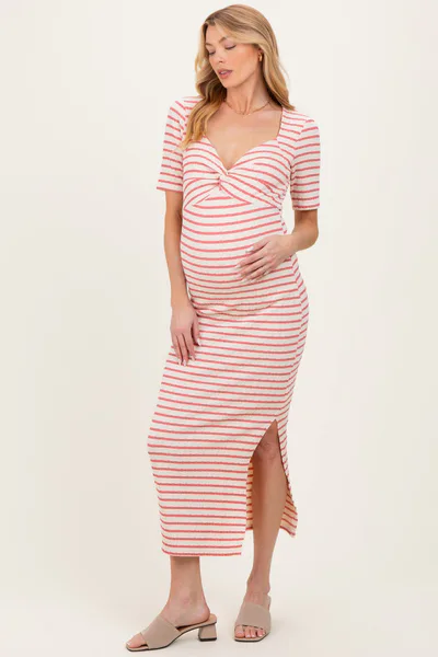 PinkBlush Cream/ Mauve Striped Knit Short Sleeve Maternity Maxi Dress
