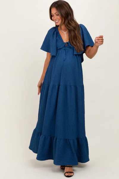 PinkBlush Royal Blue Woven Textured Flutter Sleeve V-Neck Tiered Maternity Maxi Dress