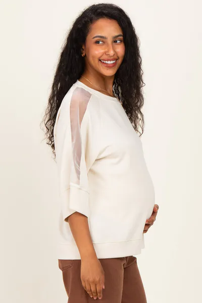 PinkBlush Cream Mesh Shoulder Short Sleeve Maternity Top