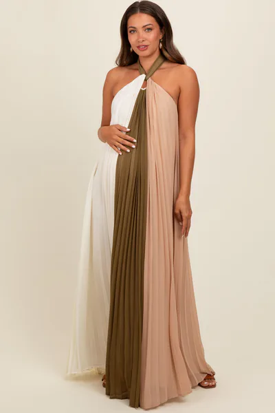 PinkBlush Olive Colorblock Pleated Halter Neck Maternity Maxi Dress