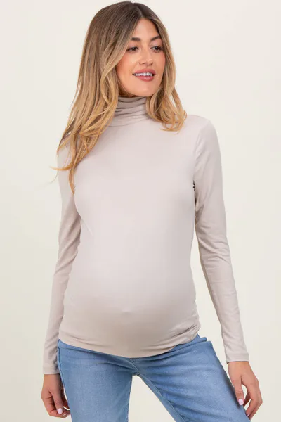 PinkBlush Cream Brushed Knit Basic Turtleneck Maternity Top