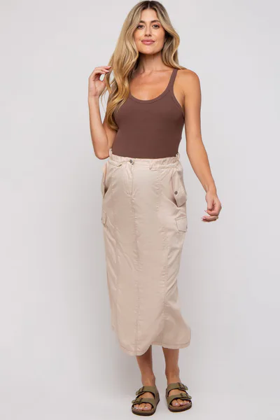 PinkBlush Beige Cargo Cinched Maternity Midi Skirt