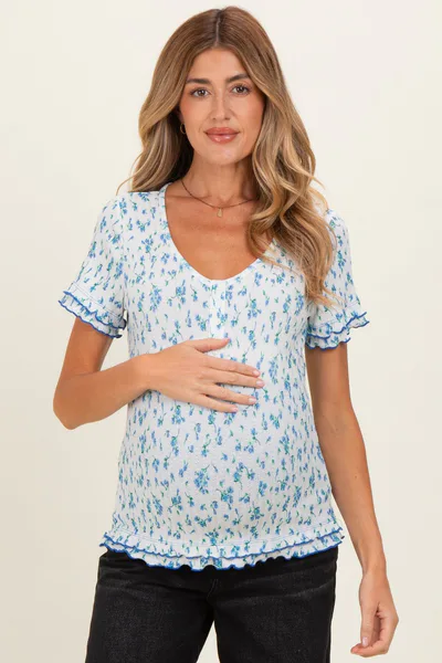 PinkBlush Blue Floral Ruffle Trim Henley Short Sleeve Maternity Top