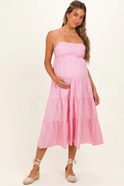 PinkBlush Light Pink Tiered Bow Detail Maternity Midi Dress