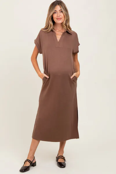 PinkBlush Mocha Collared Short Sleeve Maternity Midi Dress