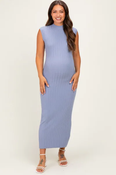 PinkBlush Blue Ribbed Knit Mock Neck Maternity Maxi Dress