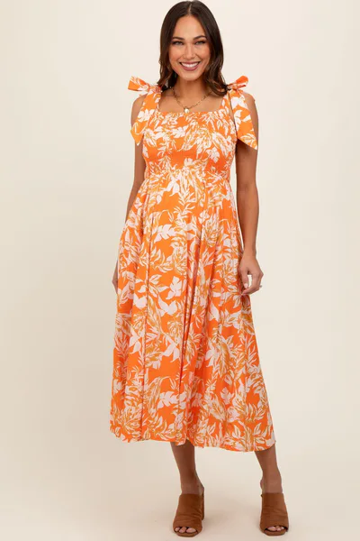 PinkBlush Orange Floral Smocked Tie Shoulder Maternity Midi Dress