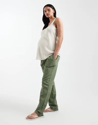 ASOS Mamalicious Maternity tie waist linen touch pants in khaki
