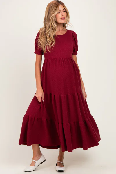PinkBlush Burgundy Solid Short Sleeve Tiered Maternity Maxi Dress
