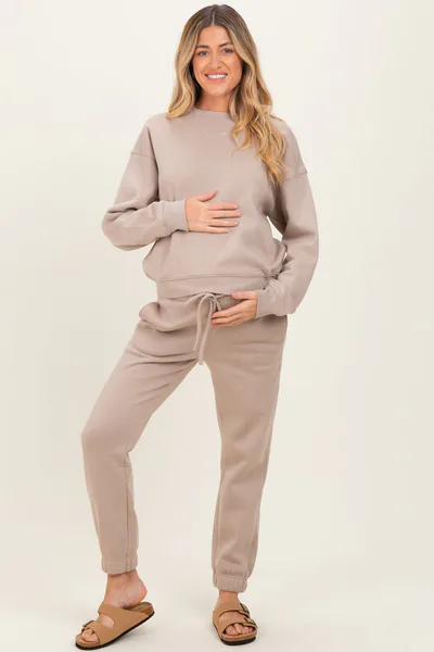 PinkBlush Light Mocha Fleece Long Sleeve Maternity Pullover & Jogger Set