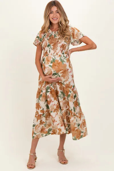 PinkBlush Mocha Floral Smocked Tiered Maternity Midi Dress