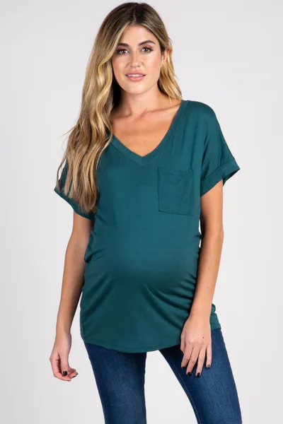 PinkBlush Forest Green V-Neck Pocket Accent Maternity Top