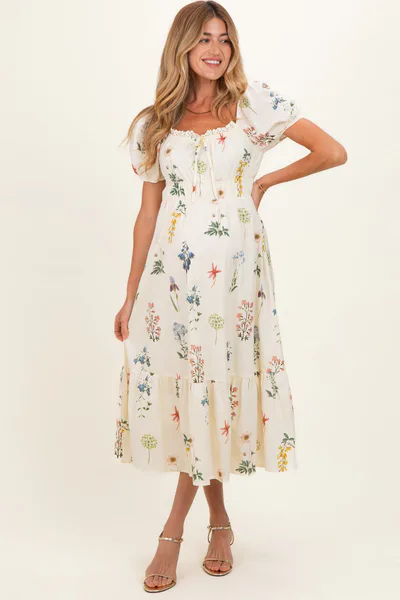 PinkBlush Oatmeal Floral Puff Sleeve Maternity Midi Dress