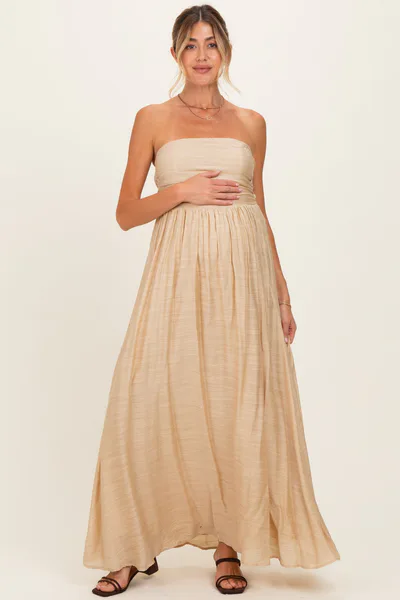 PinkBlush Beige Strapless Tie Back Maternity Maxi Dress