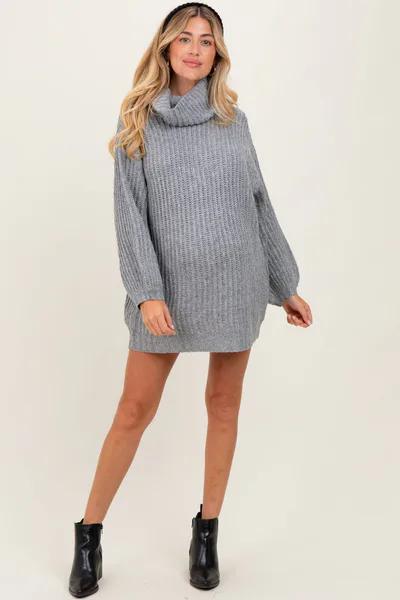 PinkBlush Grey Turtleneck Puff Sleeve Maternity Sweater Dress