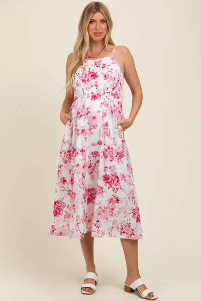 PinkBlush Pink Floral Sleeveless Piping Detail Maternity Midi Dress