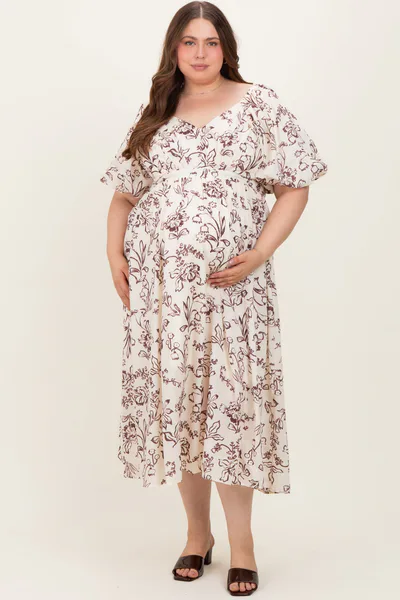 PinkBlush Cream/Brown Floral Print Bubble Sleeve Maternity Maxi Dress Plus Size