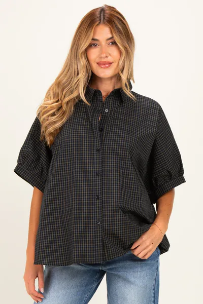 PinkBlush Midnight Oversized Check Plaid Maternity Button Down Shirt