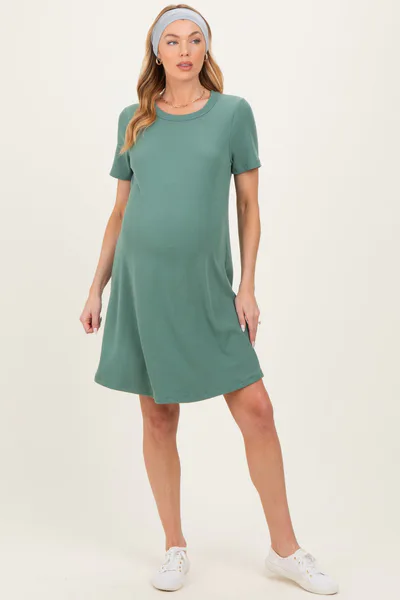 PinkBlush Olive Ribbed Knit Basic Short Sleeve Maternity T-Shirt Dress