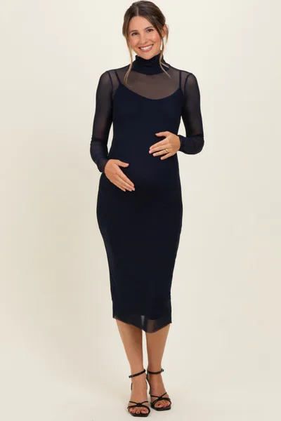 PinkBlush Navy Mesh Overlay Fitted Maternity Midi Dress