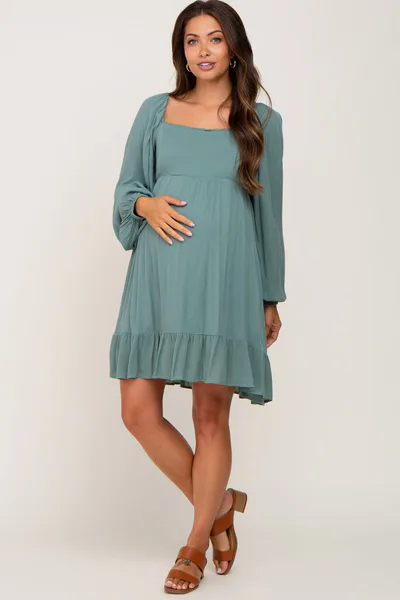PinkBlush Olive Square Neck Puff Long Sleeve Maternity Dress