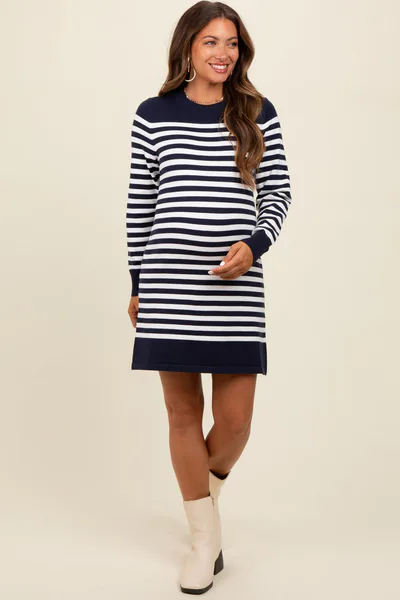 PinkBlush Navy Striped Long Sleeve Knit Maternity Mini Dress