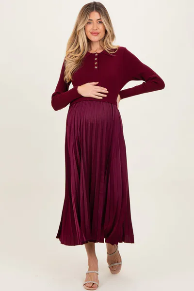 PinkBlush Burgundy Collared Knit Contrast Pleated Skirt Maternity Midi Dress
