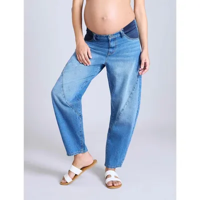 Target Women's Under the Belly Barrel Leg Maternity Jeans - Medium Wash - Size: Large - Motherhood Maternity
