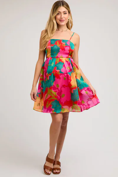 PinkBlush Red Floral Organza Square Neck Back Tie Maternity Dress